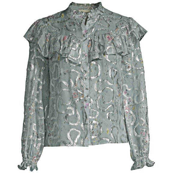 LoveShackFancy Erica Metallic Ruffled Silk Top in Silver Lake Blue Size Small - Picture 2 of 14